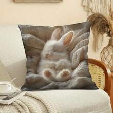 1 Easter Fluffy White Angora Rabbit Sleeping On A Soft Blanket Pillowcase, Machine Washable, Suitable For Living Room, Bedroom, Sofa And Bed - Suitable For All Room Styles, Double-Sided, No Pillow Core, Perfect Home Decoration And Holiday Gift - 1PC - View 6