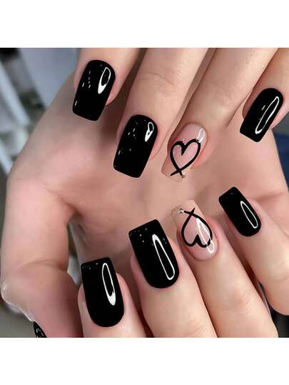 24pcs Short Square Black Heart Nail Patches, Acrylic Material, With Rhinestone Design, Perfect Fit, Black Nail Set, Includes: 1 Jelly Glue And 1 Nail File, Valentine's Day Nails, Suitable For Women And Girls For Daily Wear, Also Suitable For Valentine's Day Parties.
