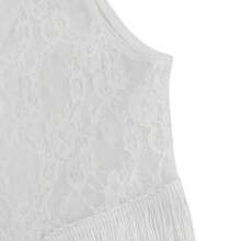 女士无袖白色蕾丝V领流苏不对称长款上衣，薄纱针织面料，度假风 - 白色 - 查看 7