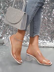 女士优雅白色高跟凉鞋 - 方头，粗跟，人造革鞋带，四季皆宜的正式鞋款，细高跟 - 白色 - 查看 4