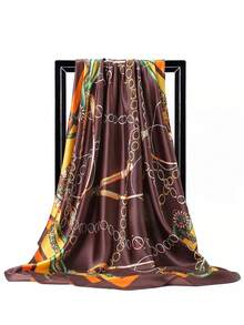 1pc Women's Retro Luxury Chain Printed Scarf, Y2K Casual Fashion Headscarf, Brazil Silk Scarf, Hair Accessories Suitable For Spring/Summer Island Vacation, Beach Party, Festival, Holiday Accessories, Beach Essentials, Travel, - Coffee Brown - View 3