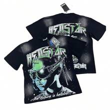 Double-Sided Skull Portrait Graphic Oversized T-Shirt, Dark Gothic Vintage Rock Style Tee For Men Women, Heavyweight Washed Distressed Hip Hop Streetwear Casual Short Sleeve Top For Daily Wear Party Festival - 116洗水黑 - 查看 1