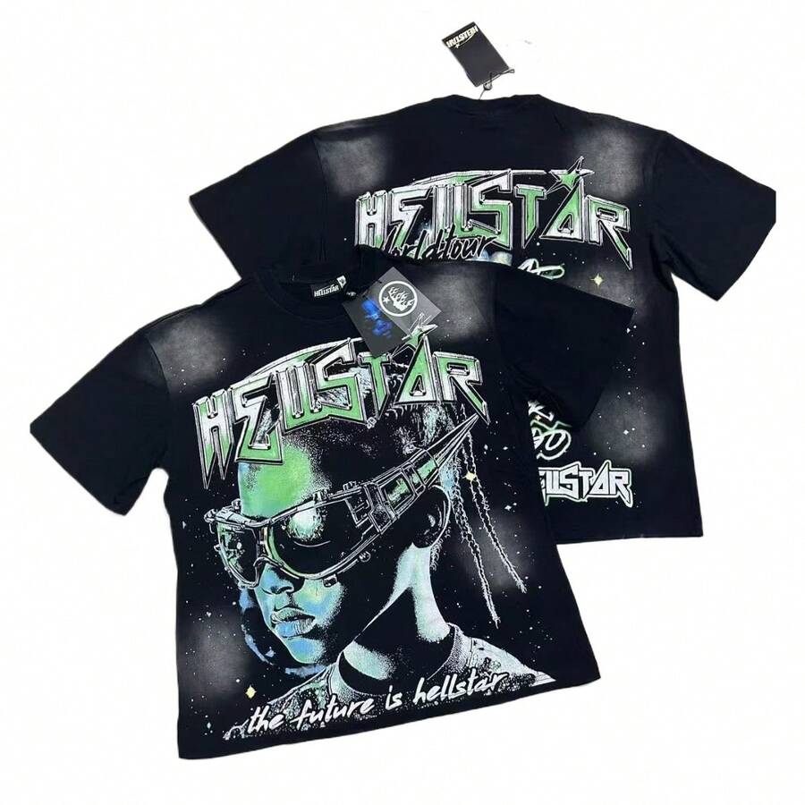 Double-Sided Skull Portrait Graphic Oversized T-Shirt, Dark Gothic Vintage Rock Style Tee For Men Women, Heavyweight Washed Distressed Hip Hop Streetwear Casual Short Sleeve Top For Daily Wear Party Festival - 116洗水黑 - 查看 1