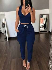 New Summer Women 2pcs Set, Casual Comfortable Solid Sleeveless Tank Top & Elastic Waist Pocket Long Pants - Màu tím 262 - Xem 9