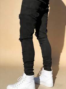Men's Stylish Black Skinny Jeans Extreme Ripped Frayed & Ruched Ankle For Street Outfits Streetwear Casual Wear With Stretch Breathable Jeans - 黑色 - 查看 4