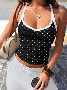 Women's Casual Sexy Versatile Ribbed Spaghetti Strap Halter Neck Tank Top, Spring/Summer - White Black - View 2