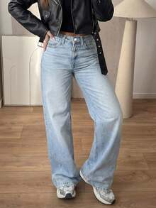 (Algodón Disponible) Vaqueros Rectos Sueltos de Estilo Vintage para Mujer, Pierna Recta, Casual Otoño - Lavado ligero - Ver 5