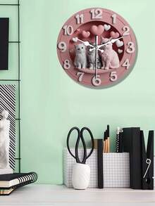 Charming Pink Wall Clock With Cute Cat And Heart Decor - Silent Non-Ticking, Large White Numerals, Wooden Round Design Suitable For Home Decor, Living Room, Bedroom, Office - Perfect Gift For Cat Lovers, Cat Decor, Cute Design, Durable Structure, 2D Flat - 1 YEAR - View 2
