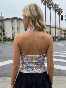 Tops de mujer con cuello halter y lentejuelas, sin mangas, con espalda descubierta y corte ajustado, ideales para el verano. - gris plateado - Ver 2