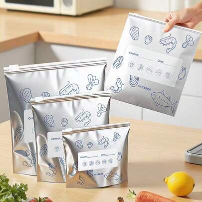30/10pcs Aluminum Foil Resealable Food Storage Bags, 2 Random Packaging Styles, Reusable, Suitable For Refrigerator & Freezer, Antibacterial Aluminum Foil Food Preservation Bags With Zipper Seal, For Storing Vegetables & Fruits