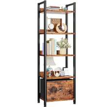 5 Tier Bookshelf with Drawer Tall Narrow Bookcase with Shelves Wood and Metal Bookshelves Storage Organizer Industrial Display Standing Shelf Unit for Bedroom Living Room Rustic Brown - 5 niveles - Ver 8