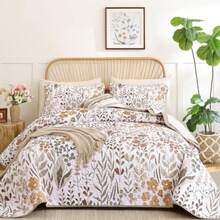 Quilt Set King Size 3 Pieces Brown Floral Quilt Sets Reversible Bedspreads Bedding Set Soft and Cozy Microfiber Lightweight Quilt Flower Plant Bed Coverlet Sets for All Season King 104"x90" - Marrón - Ver 2