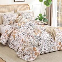 Quilt Set King Size 3 Pieces Brown Floral Quilt Sets Reversible Bedspreads Bedding Set Soft and Cozy Microfiber Lightweight Quilt Flower Plant Bed Coverlet Sets for All Season King 104"x90" - Marrón - Ver 3