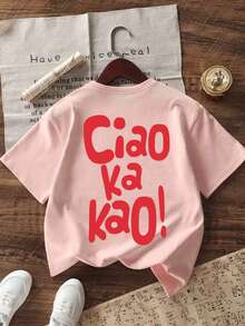Tween Girl "Ciao Ka Kao" Italian Print Soft & Comfortable T-Shirt, Suitable For Outdoor Sports, Casual Daily Wear, Street & Campus Style, Fashionable Girls Spring/Summer Versatile Top - Pink - View 5