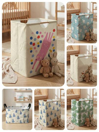 卡通牙齿、小恐龙、兔子图案印花大容量可折叠洗衣篮，带木质提手，多用途洗衣篮，适用于浴室、婴儿房，可折叠脏衣篮，收纳箱，可存放衣物、玩具、家居用品