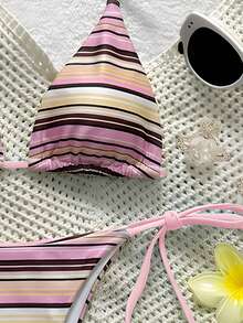 女士吊带条纹比基尼套装，优雅休闲性感高弹力系带泳衣，两件式泳装，适合夏季、度假、海滩、女士假日装、节日、派对和休闲穿着 - 彩色 - 查看 6