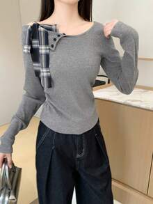 Áo len dệt kim tay dài ôm sát, kiểu nơ bất đối xứng, chất liệu vải cắt ngẫu nhiên. - Xám - Xem 5