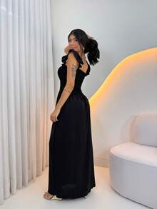 Women's Casual Long Dress With Elastic Straps And Slit - Inexpensive With Elastane - màu đen - Xem 2