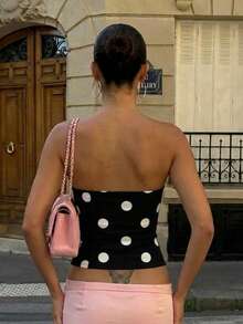 Áo hai dây ren chấm bi ôm sát, khoét lỗ, buộc dây, màu đen, gợi cảm, thích hợp cho mùa hè. - màu đen - Xem 5