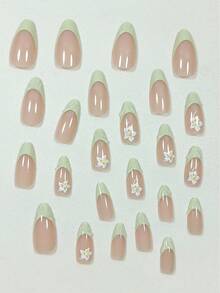 24pcs Minimalism Cute White Flower Green Rim 3D French Minimalist Sweet Style Almond Shaped Medium Length Artificial Nail Tips Set, Suitable For Office Ladies, Daily Wear, Dates, Afternoon Tea, Outings - Multicolor - View 2