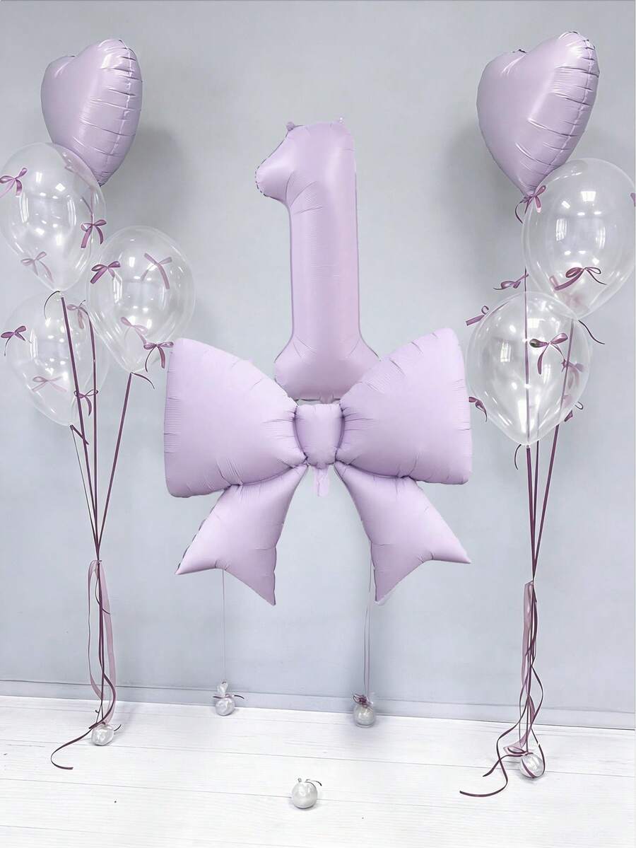 12件套生日装饰套装,包括:大号浅紫色蝴蝶结铝箔气球、40英寸奶油紫色0-9数字气球、18英寸紫色心形气球、透明乳胶气球(含气球丝带),适用于生日派对、周年纪念装饰。 - 淺紫色 - 查看 1