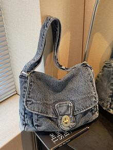 New Stylish And Soft Washed-Jeans-Inspired Shoulder Bag With A Flap Design; A Versatile, Roomy Crossbody Bag For Women With A Twist-Lock Closure, Perfect For Shopping And Commuting - 藍色 - 查看 6