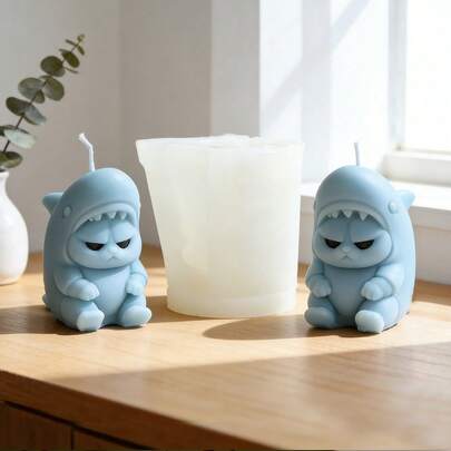 1个戴鲨鱼帽的猫咪硅胶蜡烛模具，适用于艺术装饰树脂环氧树脂浇铸聚合物粘土模具，温馨家居装饰 | 送给爱猫人士的情人节礼物