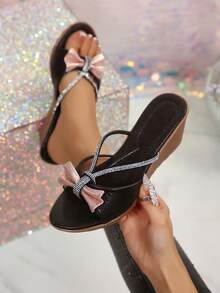 Women's Fashion Wedge Heel Slippers, Soft Bottom Bowknot Rhinestone Comfortable Casual Slip-On Sandals - Black - View 1