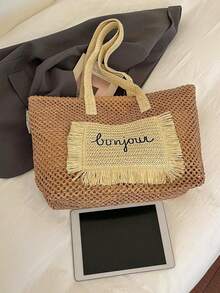 Summer Straw Beach Bag, Large Capacity Tote Bag, Grocery Basket, Handbag, Vacation Style, Simple & Versatile, Multi-Pocket Design, Suitable For Dresses, Shopping, Travel, Storage, Wicker Bag - Khaki - View 6
