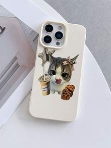 1pc White Litchi Texture Shockproof TPU Phone Case, UV Printed With Cute Cat, Coffee Cookie And Star Elements, Fashionable Protective Cover For IPhone 7/8/7 Plus/8 Plus/X/XS/XR/XS Max/11/11 Pro/11 Pro Max/12/12 Pro/12 Pro Max/12 Mini/13/13 Pro/13 Pro Max/13 Mini/14/14 Pro/14 Pro Max/14 Plus/15/15 Pro/15 Pro Max/15 Plus/16/16 Pro/16 Pro Max/16 Plus/17/17 Pro/17 Pro Max/Air - Multicolor - View 1