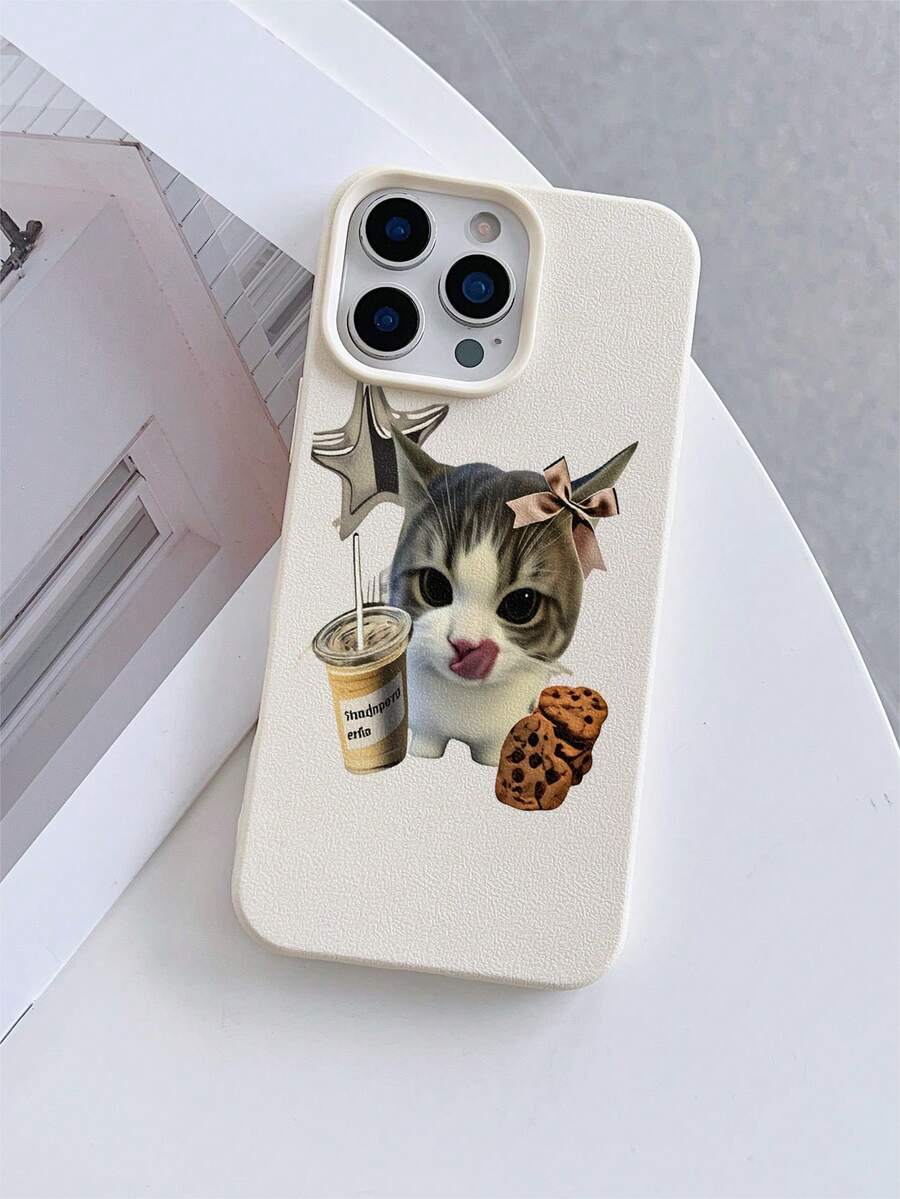 1pc White Litchi Texture Shockproof TPU Phone Case, UV Printed With Cute Cat, Coffee Cookie And Star Elements, Fashionable Protective Cover For IPhone 7/8/7 Plus/8 Plus/X/XS/XR/XS Max/11/11 Pro/11 Pro Max/12/12 Pro/12 Pro Max/12 Mini/13/13 Pro/13 Pro Max/13 Mini/14/14 Pro/14 Pro Max/14 Plus/15/15 Pro/15 Pro Max/15 Plus/16/16 Pro/16 Pro Max/16 Plus/17/17 Pro/17 Pro Max/Air - Multicolor - View 1