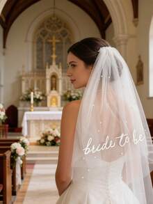 1件装新娘单身派对白色双层字母头纱，带梳子，摄影道具，浪漫风格 - 彩色 - 查看 7