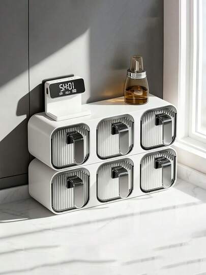 2/4/6件套调味料收纳盒，无需打孔即可壁挂，附赠调味勺/无痕贴纸/标签，采用防污染分隔密封设计，可水平或垂直收纳，适用于厨房功能性整理，灰色和白色可选，家用调味料收纳架，节日礼品