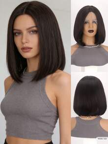 13x1蕾丝前置波波头假发，12英寸自然中分蕾丝假发，适合日常佩戴 - 黑棕色 - 查看 12