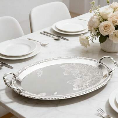 1pc Luxury Silver Oval Serving Tray With Handle, Engraved Floral Plate, Arabic Style Engraved Tray, Silver-Plated Oval Serving Platter, Suitable For Middle Eastern Arabic Food, Tea, Coffee, Moroccan, Turkish And Middle Eastern Home And Kitchen Decor, Wedding Party Serving Tray, Usable For Eid Al-Adha/New Year/Housewarming/Holiday/Back To School Season