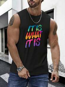1PC Men's Vest With "Vibrant It Is What It Is" Print Design, 180g Pure Cotton Vest, Seamless, Sweat-Wicking, 100% Cotton, Loose American-Style Tank Top For Sports And Fitness. - 黑色 - 查看 1
