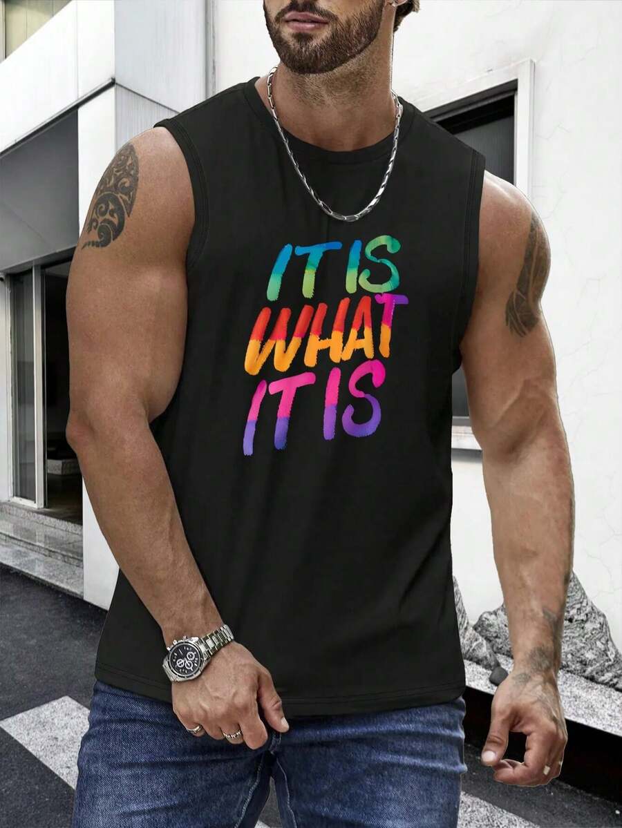 1PC Men's Vest With "Vibrant It Is What It Is" Print Design, 180g Pure Cotton Vest, Seamless, Sweat-Wicking, 100% Cotton, Loose American-Style Tank Top For Sports And Fitness. - 黑色 - 查看 1