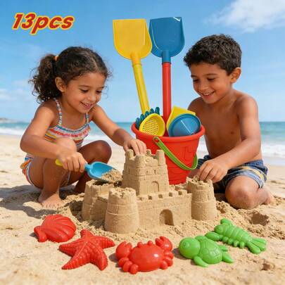 13 piezas Juego de juguetes de playa para niños Pala Juego de agua Educativo Dibujos animados Verano Exterior Diversión de castillo de arena Piscina Durable Portátil Colorido Regalo de aventura de aprendizaje