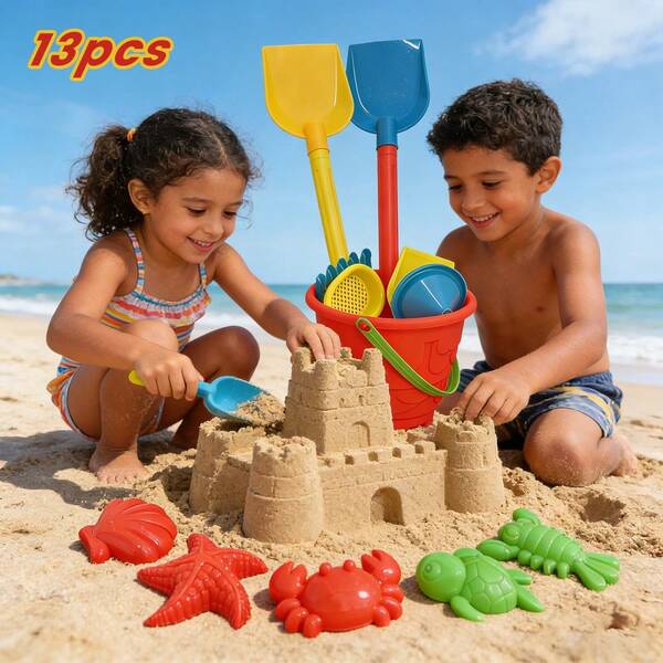 13 piezas Juego de juguetes de playa para niños Pala Juego de agua Educativo Dibujos animados Verano Exterior Diversión de castillo de arena Piscina Durable Portátil Colorido Regalo de aventura de aprendizaje