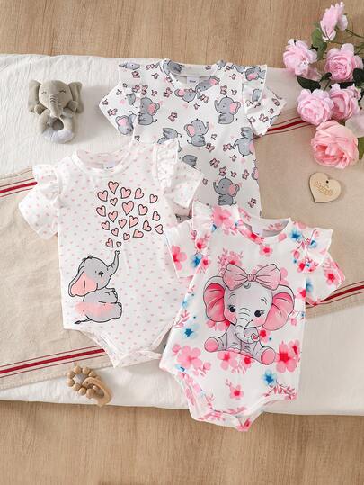 3件套女婴休闲爱心、花朵、蝴蝶和大象图案柔软舒适针织连体衣，适合户外穿着，春夏款