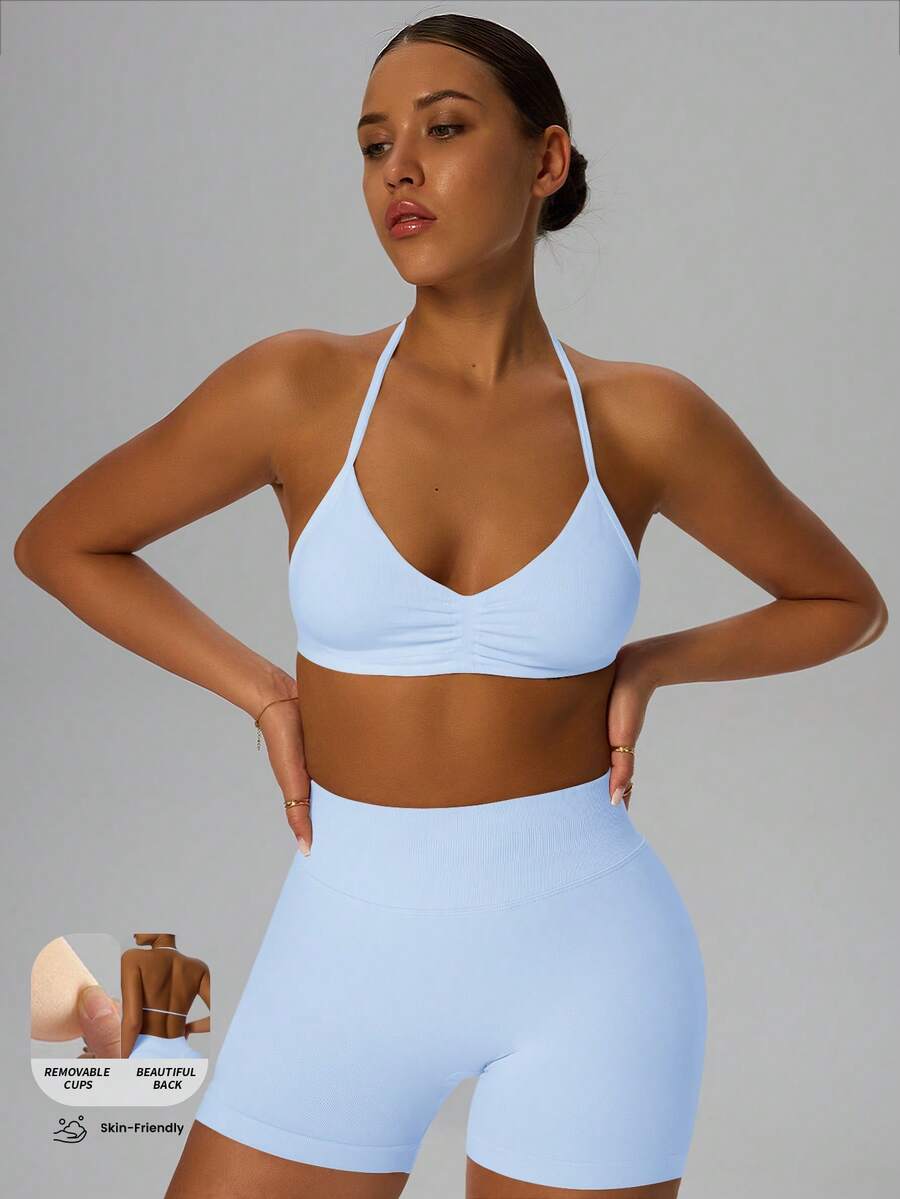 Yefecy 1 pieza Sujetador deportivo de alto impacto con cuello halter para mujer, top de entrenamiento sin costuras con relleno fruncido, ropa deportiva elástica para gimnasio, yoga, uso diario, athleisure y streetwear - Celeste - Ver 1