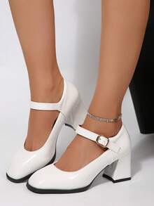 女士方头粗跟玛丽珍鞋，单带中跟，通勤及校园百搭鞋款 - 白色 - 查看 2
