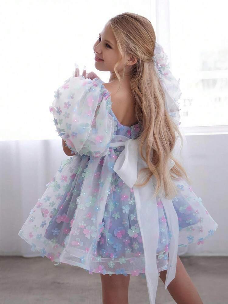 Vestido de fiesta azul con mangas de pétalos florales 3D para niña, vestido de princesa adecuado para niñas, fiesta de cumpleaños, banquete, baile de graduación, vestido de dama de honor, ceremonia de graduación, atuendo de primavera - Celeste - Añade 1