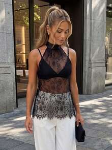 Top de encaje para mujer, elegante, de color liso, de malla transparente, ajustado, sin espalda, sin mangas. - Negro - Ver 3