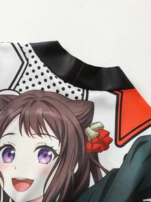 Anime-Inspired 7/8 Sleeve Kimono Robe, Red & White Musical Note Print, Loose Fit Lightweight Cardigan Jacket - Coral Orange - View 7