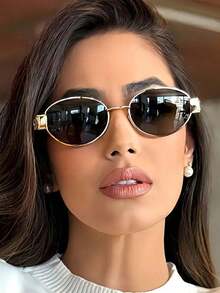 1 Pair Retro Oval Metal Small Frame Fashion Street Style Glasses, Suitable For Women In Autumn/Winter, Summer Beach, Outdoor Activities, Hiking, Back To School Season And More - Golden Gray - View 2
