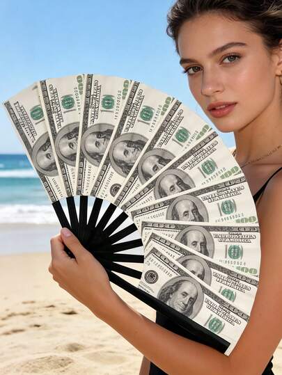 1把创意美元印花个性化折叠扇，开合顺畅，手感舒适，时尚装饰道具，适用于派对、婚礼、生日庆典、夜总会、俱乐部、酒吧、活动、家居软装、商业展示、摄影及礼品赠送。