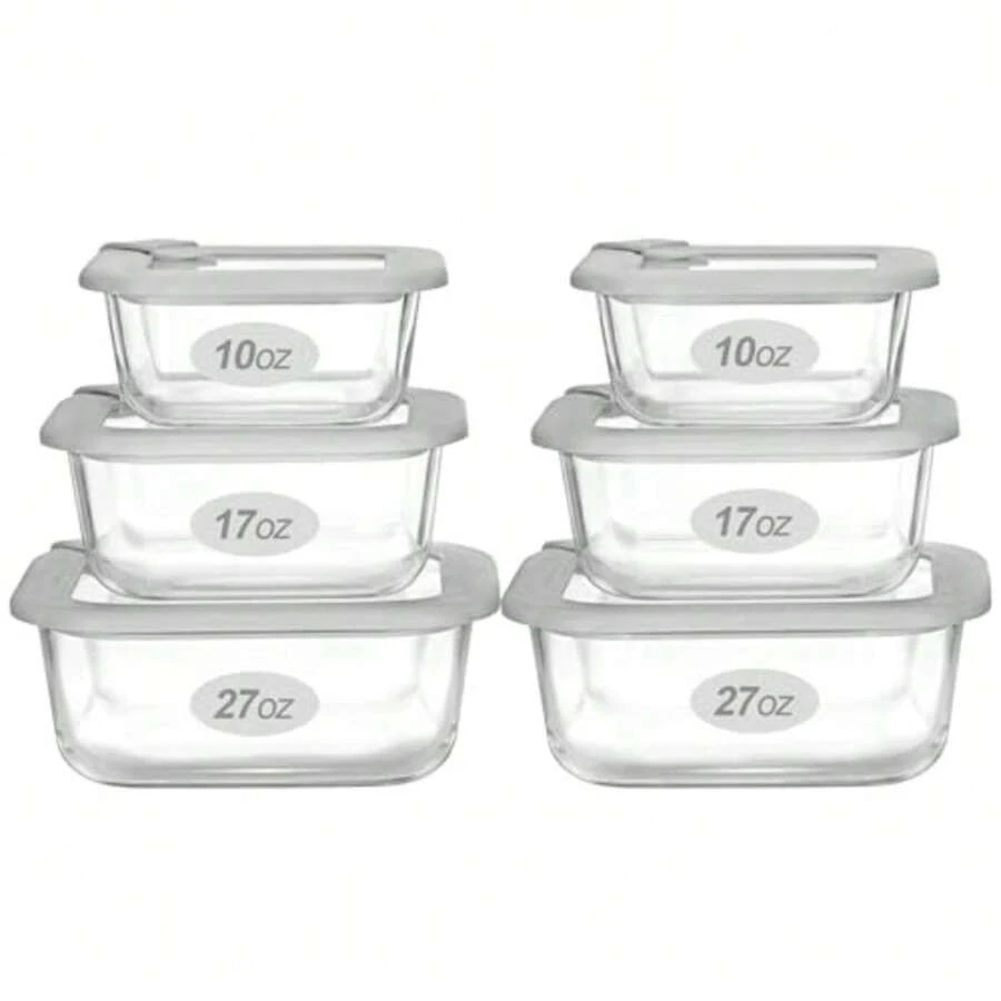 Glass Food Containers with Glass Lid Microwave Safe Food Storage Container Set 6 Pack Square Shape Large Size Airtight Storage Set with Leak Proof Lids Meal Prep Containers - GrisJ6S - Ver 1