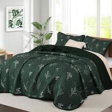 Green Queen Size Quilt Set Branch Bedspread Coverlet Set Olive Green Botanical Floral Pattern Quilted Bedding Set 3 Piece Soft Lightweight Microfiber Bed Cover for All Season 96''x90'' - Verde Oliva - Ver 3
