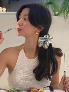 2pcs Small Silver Shiny Coil Y2K Baddie Minimalist Chic Hair Scrunchies, Suitable For Daily Wear - Silver 2pcs - View 1